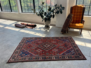 Behnaz, antique Persian Joshegan scatter rug, 4’2 x 6’7