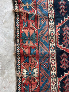Mahasti, antique tribal Afshar rug with loom tension spots, 5 x 7’4