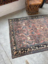 Load and play video in Gallery viewer, Zhaeez, vintage Persian Sarouk scatter rug, circa 1930, 4’2 x 6’7
