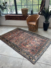 Load and play video in Gallery viewer, Zhaeez, vintage Persian Sarouk scatter rug, circa 1930, 4’2 x 6’7
