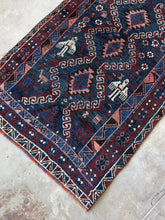 Load and play video in Gallery viewer, Mina, vintage Kurdish tribal scatter rug, mid 20th C, 3’3 x 6’
