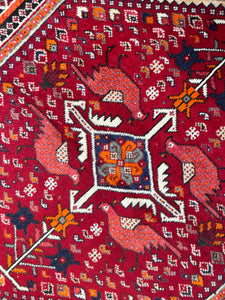 Parto, vintage Shiraz tribal rug with birds, 3’6 x 4’8