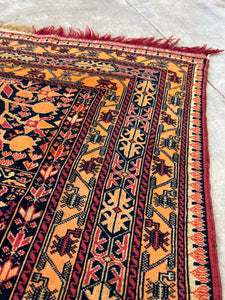 Mobin, vintage Ahi Khwaya Afghan scatter rug with scorpions and pomegranates, 3 x 5’1